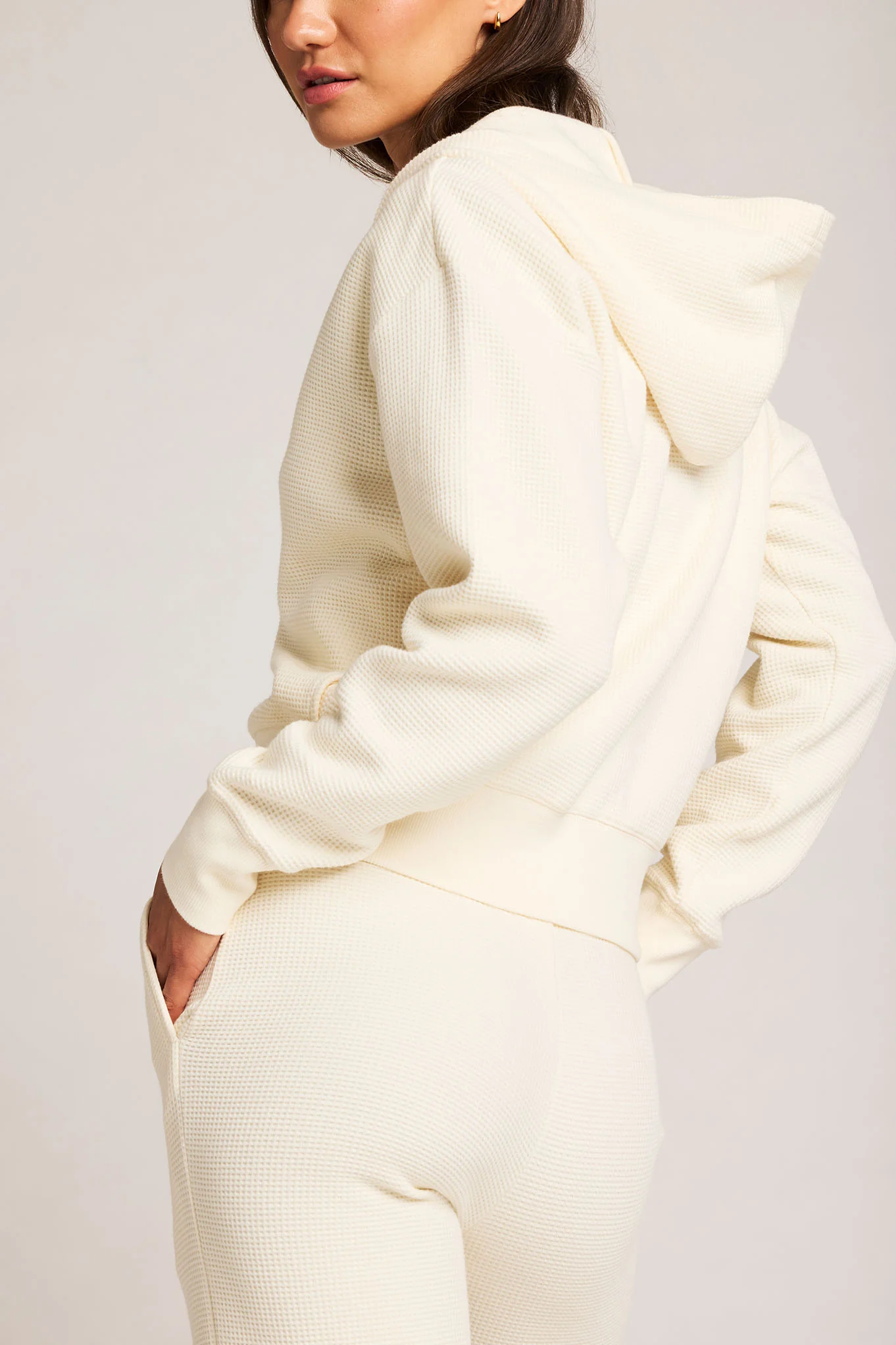 Waffle Knit Zip-Up Hoodie in Cream - Image 5