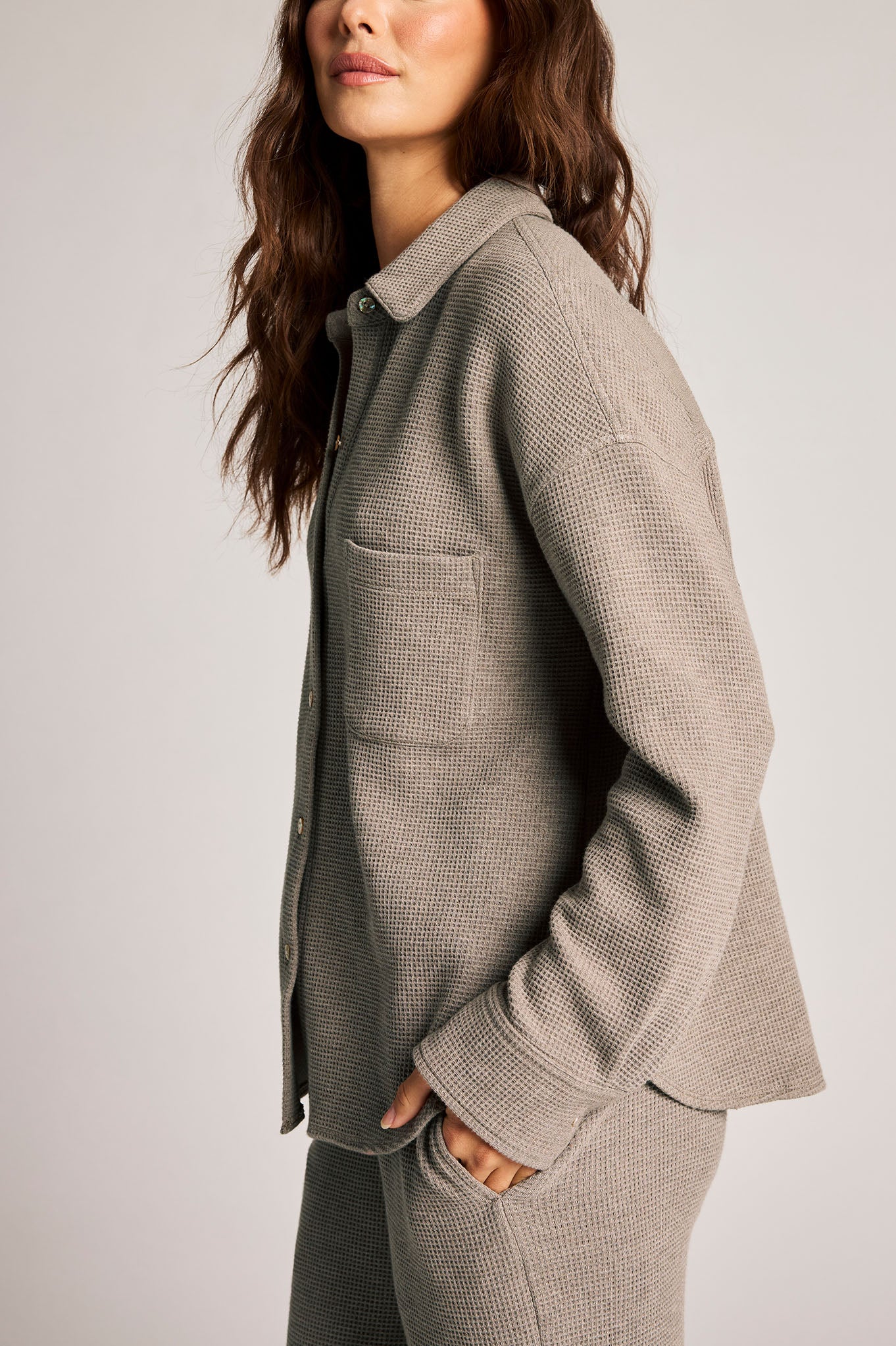 Waffle Knit Shirt Jacket in Mink - Image 2