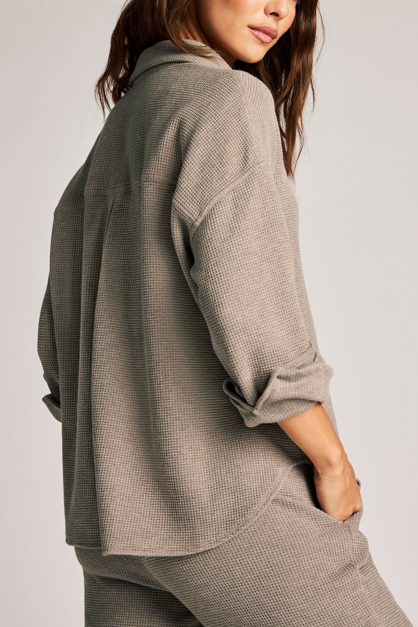 Waffle Knit Shirt Jacket in Mink - Image 3